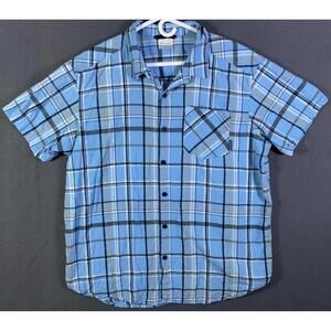 Columbia Mens Shirt Short Sleeve Button Up Windowpane Plaid Blue White Pocket XL